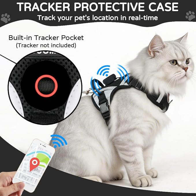 Cat Harness and Leash Set with Holder Compatible with AirTag, Escape Proof Kitten Harness with Lead for Small Cats, Soft Mesh Puppy Jacket Vest for Outdoor Walking, Reflective & Adjustable, Black, S