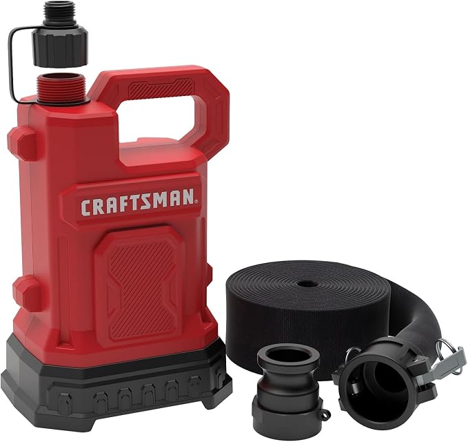 CRAFTSMAN 1/2 HP Fiberglass Reinforced Thermoplastic, Fully Submersible Water Utility Transfer Pump, Efficient Multi-Use Electric Pump, 15� Cord, Lay-Flat High Volume Hose, Camlock Fittings, 3000 GPH