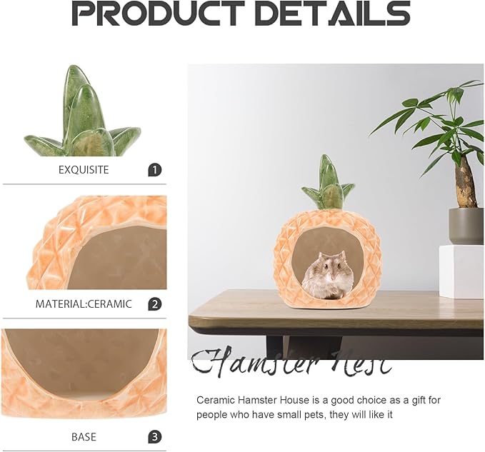 Ipetboom Ceramic Hamster Hideout Pineapple Shape Cooling Pet Nest Small Animal House for Hamsters Guinea Pigs Rats Chinchillas