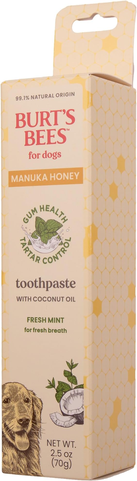 Burt's Bees for Pets Fresh Mint Dog Toothpaste with Manuka Honey and Coconut Oil for Gum Health & Tartar Control, 99.1% Natural Origin Formula, Fluoride-Free, Fresh Mint Flavor, 2.5 Oz