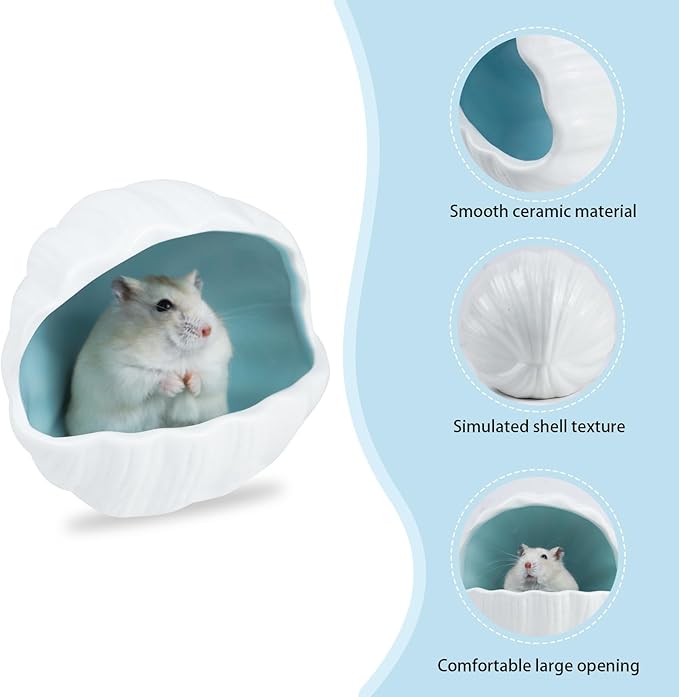 WishLotus Ceramic Hamster Hideout, Adorable Sea Shell Shaped Hamster House, Large-Opening Small Animal Hideout, Small Animal Hideout Habitat Decor for Dwarf Hamsters Gerbils (Pink)