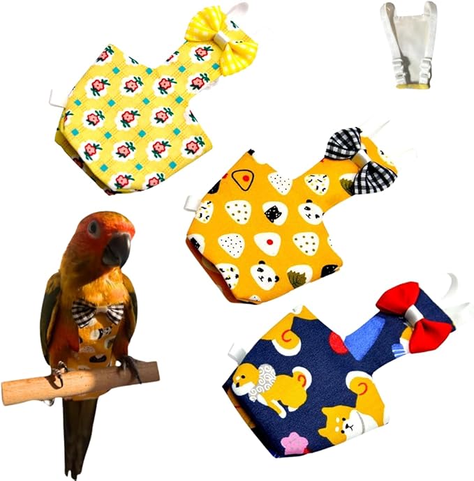 3PCS Bird Diaper with Adjustable Shoulder Strap Washable Parrot Diapers Reusable Bird Flight Suit Nappies Protective Breathable Nappy Clothes for Parakeet Macaw Conure (Macaw)