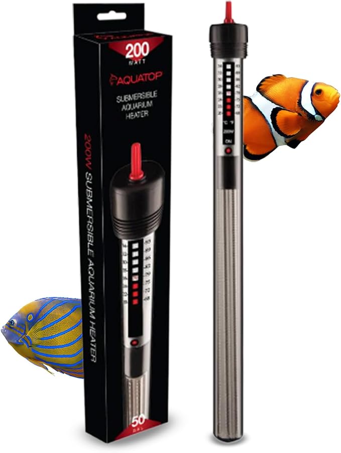 Aquatop 200W Submersible Aquarium Glass Heater – Adjustable Temperature for Tanks Up to 50 Gallons, Freshwater & Saltwater Use, GH-200
