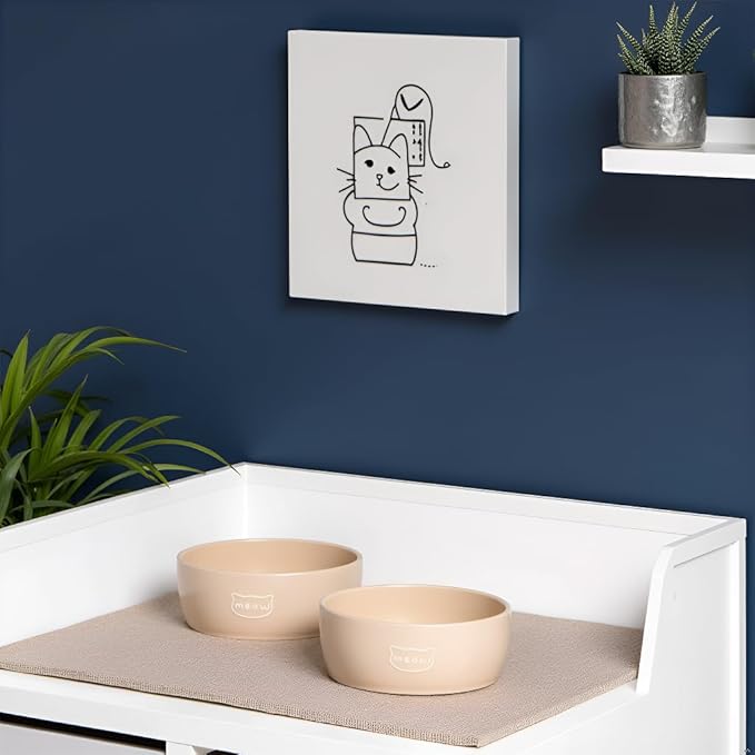 Pearhead Ceramic Cat Bowl – Neutral Taupe “Meow” Design, Holds 12 oz, Stoneware Pet Dish, Whisker-Friendly Pet Feeding, Non-Skid