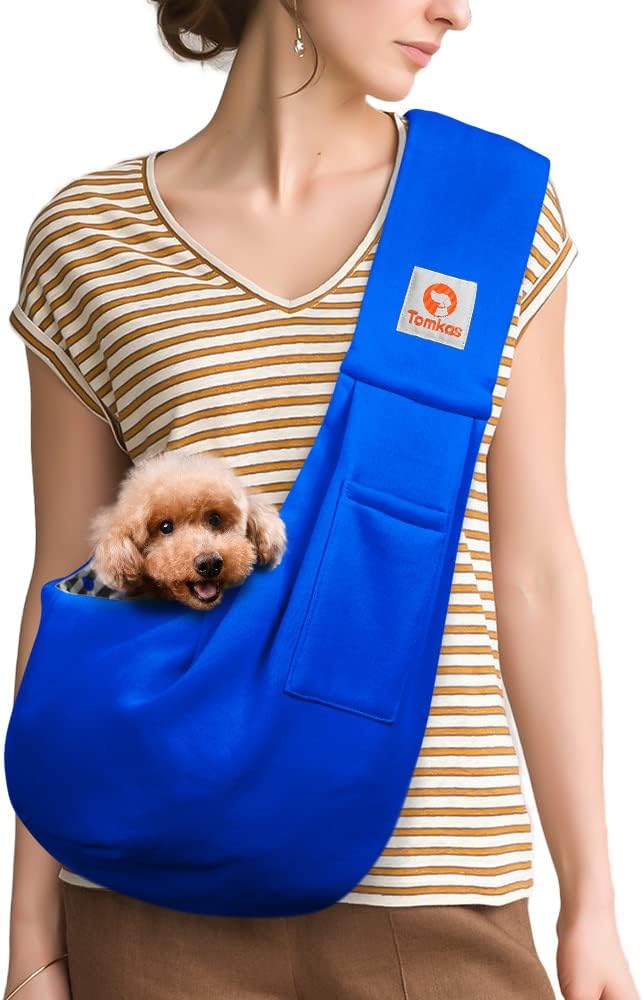 Tomkas Small Dog Cat Sling Carrier Puppy Purse Travel Wrap Soft Crossbody Pet Bag (Royal Blue, M - Classic Pocket & Classic Strap)
