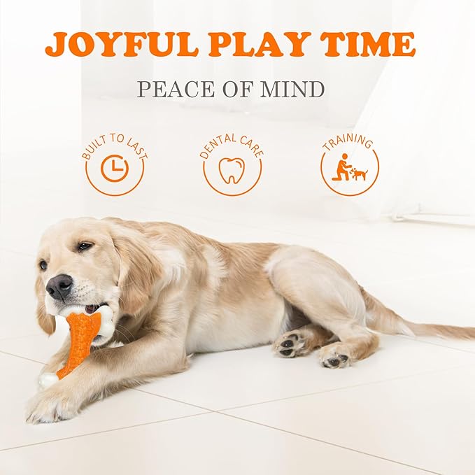 Kseroo 2-Pack Indestructible Dog Toys for Aggressive Chewers: Peanut Butter Flavored Hard Nylon Bone Chew Toys, Tough Dog Chew Toys, Dog Toys to Keep Them Busy for Medium Large Dogs, Orange