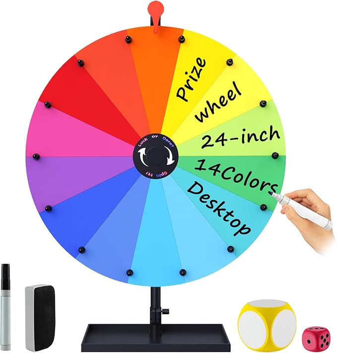 24" Prize Wheel, 14 Slots Color Spinning Prize Wheel for Tabletop, Heavy Duty Spinning Wheels with Tray, Markers, Eraser, Roulette Wheel of Fortune, Spinning Wheel for Prizes