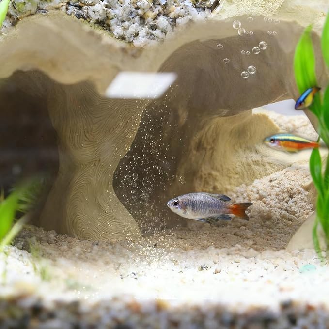 Aquarium Cave Tunnel 3D Printed - Fish Tank Decoration Natural Fish Hideout for Pleco, Shrimp & Corydoras | Sinking Base & Viewing Ports | Substrate-Friendly Decor (6.7" Under Gravel Design)