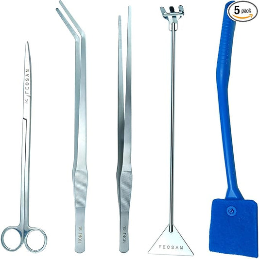 Aquarium Aquascape Tools Kit, 15 inch Stainless Steel Includes Brush, Tweezers/Feeding Tongs, Scissors, Spatula, Algae Scraper, Rake, for Fish Tank Cleaning Scrubbing, Trimming