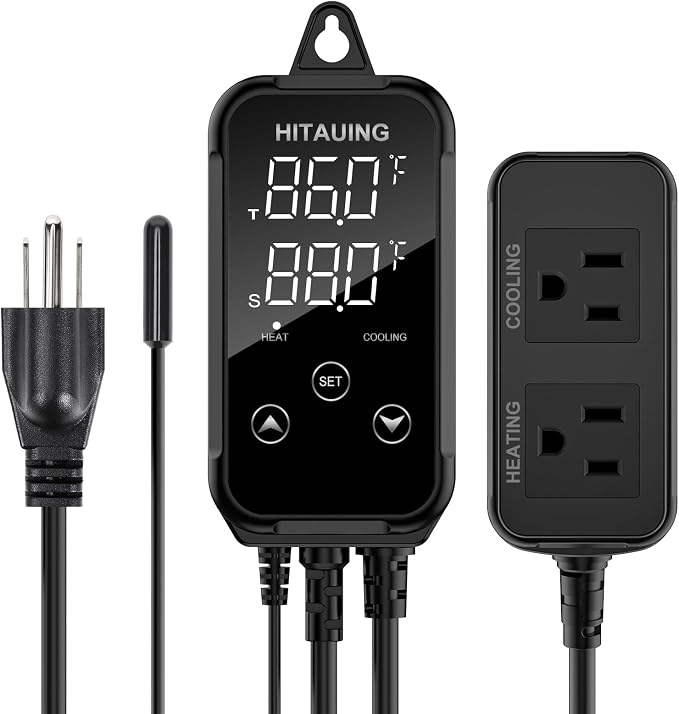 HiTauing Digital Temperature Controller, Aquarium Heater Reptile Thermostat Heating and Cooling Dual Outlet with Seawater-Resistant Probe for Fish Tanks, Reptile Tanks, Greenhouse & Seedling Mat