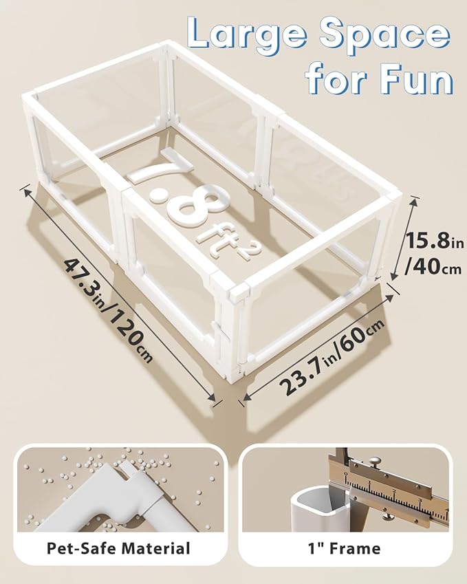 BUCATSTATE Acrylic Guinea Pig Cages 15.8"H, 7.8 sq ft Large Guinea Pig Playpen, Tool-Free Rabbit Cage Indoor, Small Animal Playpen with Door for Bunny, Piggies, Chicks (47"L x 24"W x 16"H, 6 Panels)