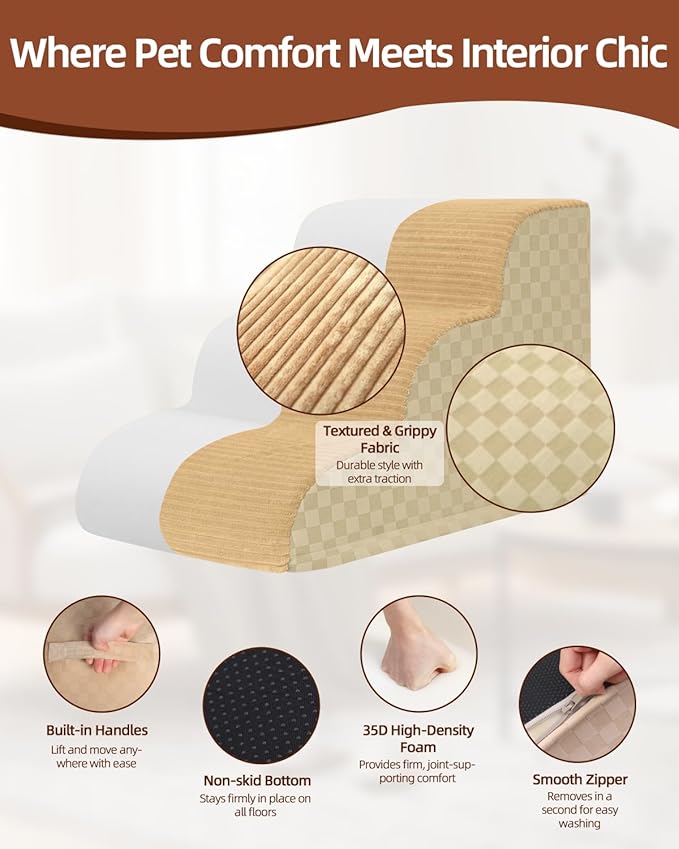 Dog Curved Stairs for High Beds 22" H, 5-Step Pet Stairs for Small Dogs with High Density Foam, Dog Slope Stairs with Durable Non-Slip Bottom Khaki