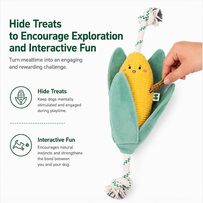 Green Sheep Interactive Plush Dog Toy, No Stuffing Squeaky Toy with Recycled Cotton Rope for Medium to Large Dogs, Corn