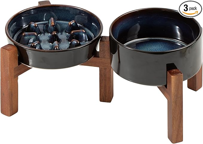 Havniva Elevated Slow Feeder Dog Bowls, 0.9 Cups Slow Feeders 6.1 inch Ceramic Dog Food & Water Bowls Set with Acacia Wood Stand Puzzle Bowls for Fast Eater, Small Dogs Anti-Choking