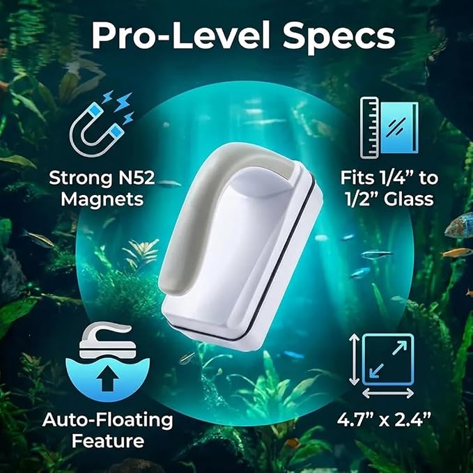 Large Magnetic Aquarium Glass Cleaner, Double Sided Floating Fish Tank Scrubber with Removable Handle & Titanium Blade Algae Scraper, Strong Magnet Tool for Removing Algae, Fits 1/4 to 1/2 Inch Thick