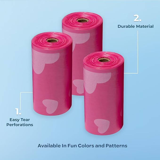Best Pet Supplies Dog Poop Bags for Waste Refuse Cleanup, Doggy Roll Replacements for Outdoor Puppy Walking and Travel, Leak Proof and Tear Resistant, Thick Plastic - Pink Heart, 360 Bags