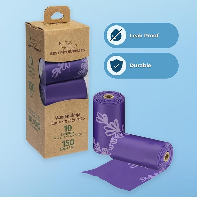 Best Pet Supplies Dog Poop Bags for Waste Refuse Cleanup, Doggy Roll Replacements for Outdoor Puppy Walking and Travel, Leak Proof and Tear Resistant, Thick Plastic - Purple (Scented), 150 Bags
