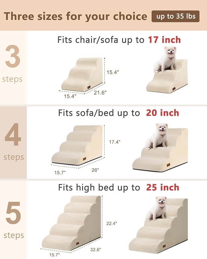 Aodisman Dog Stairs for High Bed,5 Step Dog Ramp for Small and Medium Dogs,Pet Stairs with Non-Slip Bottom for Puppy, Older Cat,Indoor Pet Steps,Comfort,Durable,22.4" H,Beige