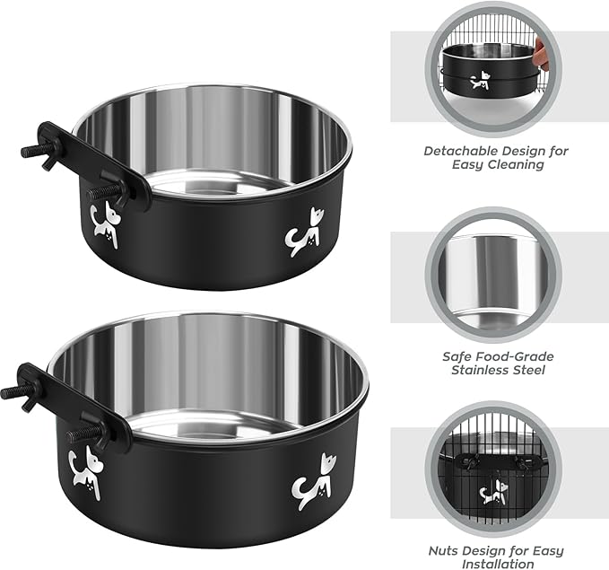 Crate Dog Bowl, 2 Pack Dog Crate Water Bowls Hanging No Spill, Removable Stainless Steel Mountable Pet Kennel Bowl Food Feeder Coop Cup Cage Accessories for Puppy Cat Rabbit Guinea Pigs Ferret Bird
