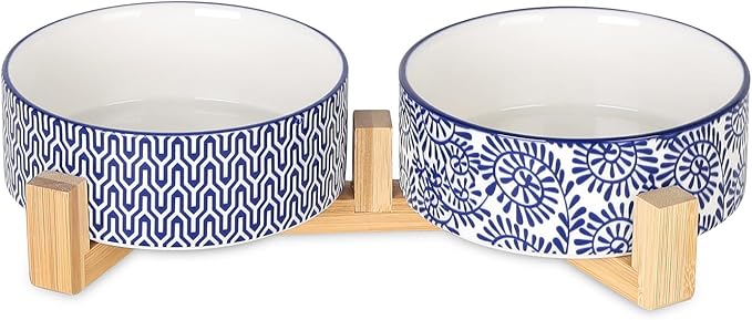 Selamica Ceramic 14 OZ Dog Bowls, Dog Food and Water Bowls with Wooden Stand, Anti-Slip Dogs Dishes Set for Cats & Small Dogs, Weighted Pet Bowls Set of 2, Vintage Blue B