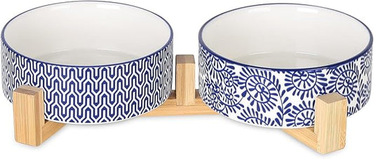 Selamica Ceramic 14 OZ Dog Bowls, Dog Food and Water Bowls with Wooden Stand, Anti-Slip Dogs Dishes Set for Cats & Small Dogs, Weighted Pet Bowls Set of 2, Vintage Blue B