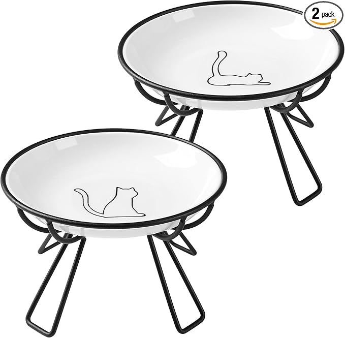 Ceramic Elevated Cat Bowls - Whisker Friendly, Anti-Vomiting, Stylish & Hygienic Cat Bowl Set (Line Cat, 2 Pack)