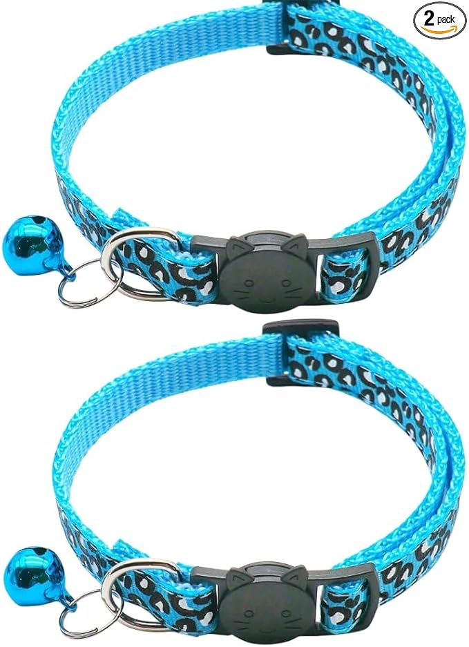 Reflective 2 Pack Breakaway Cat Collars with Bell Leopard Pattern Cute Kitty Adjustable 7.5-12.5 Inch Safe Kitten Collars Charms (Blue)