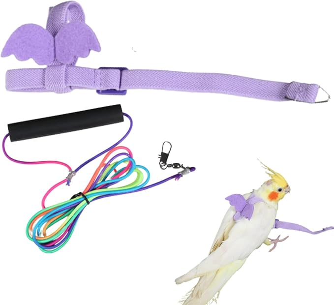 Pet Parrot Bird Harness and Leash, Adjustable Training Design Anti-Bite, Bird Nylon Rope with Cute Wing and Colorful Leash for Parrots Lovebird Cockatiel Conure Budgie (Purple with 78.7inch Leash,S)