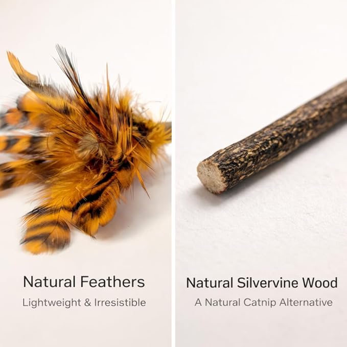 Silvervine Feather Cat Toys, 3 Pack Natural Matatabi Chew Toys for Indoor Cats, 8" Handmade Cat Toy for Chewing & Independent Play, Quiet Indoor Floor Play
