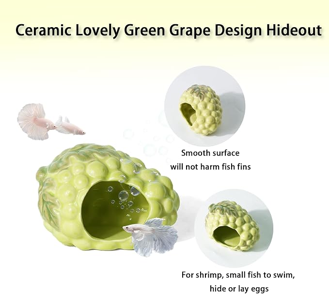 Ceramic Aquarium Decor Cute Grape Green Betta Fish Tank Hide | Smooth-Surface Safe for Fish Hiding & Breeding, Easy-Clean, No Assembly, for Play & Rest,Fits 3-5 Gallon Fish Tanks