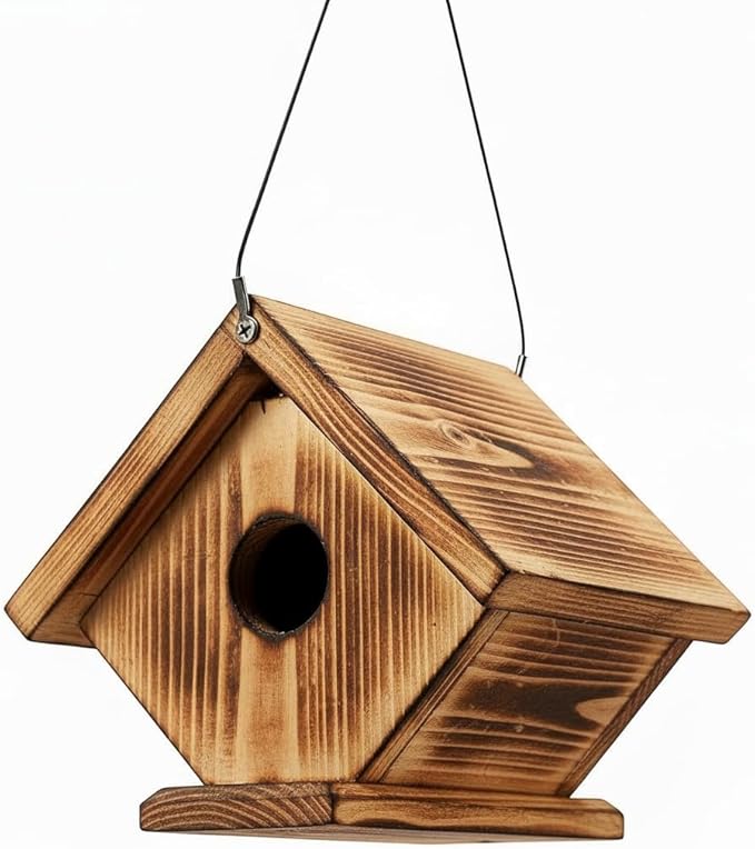 Wren Bird Houses for Outside, Golden Metal Hole Plate, Hanging Birdhouse for Outdoor, Cedar Wood Nest Box for Jay Wrens and Chickadees, Brass Entrance Stainless Cable Longtime Lasting
