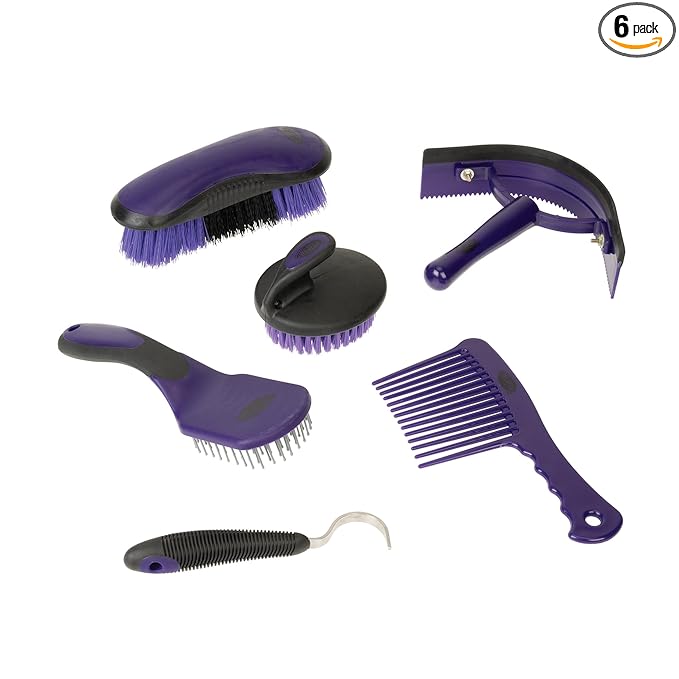 Weaver Equine 6-Piece Horse Grooming Kit, Ergonomic Gentle Horse Care Kit, Equestrian Supplies for Bathing Support, Detangling, and More, Purple/Black