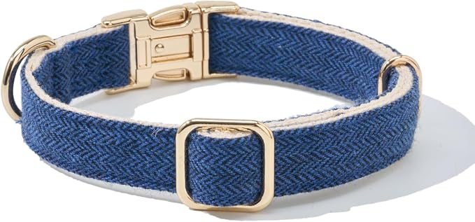 Luxury Soft Cotton Tweed Fabric Dog Collar & Leash Set with Gold Buckle – Durable Fabric, Stylish Design for Everyday Walks(Medium Navy)