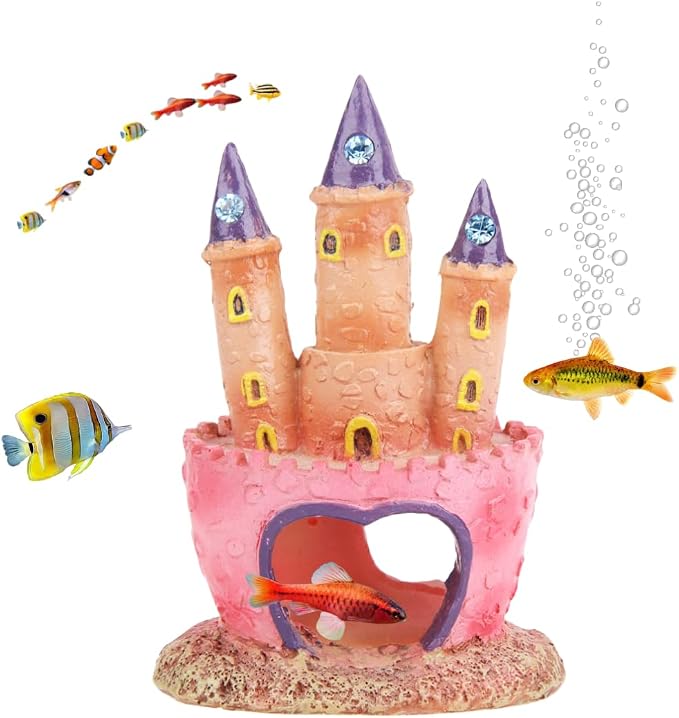Cute Cartoon Aquarium Castle Decor, Pink Fairy Castle Ornament for Fish Tank, Small Fish Shrimp Hide Caves House Hideouts for Shrimp Crab Betta Cichlids Tank