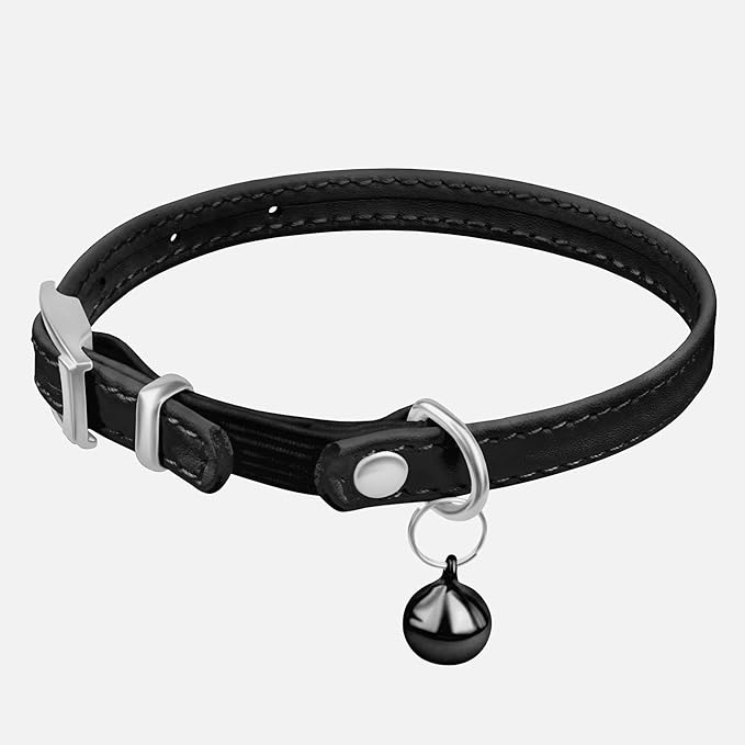 CollarDirect Leather Cat Collar with Removable Bell – Safety Elastic Strap (Breakaway Alternative) – Kitten Collar for Small & Big Boy & Girl Cats