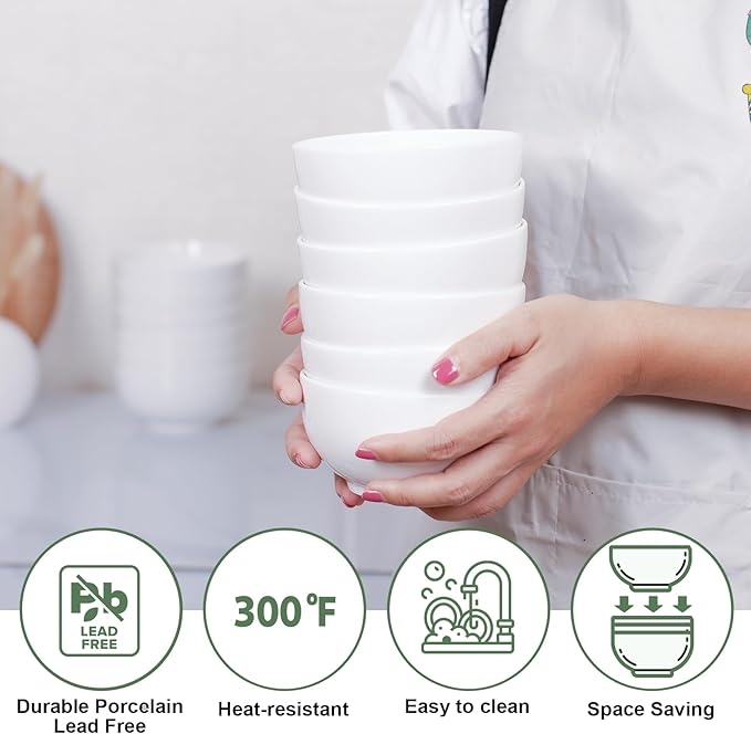 AntoKueh White 4.56" Small Cereal Bowls Set of 6, 12 Oz Porcelain Dessert Bowls for Ice Cream, Yogurt, Rice & Pudding, Microwave & Dishwasher Safe
