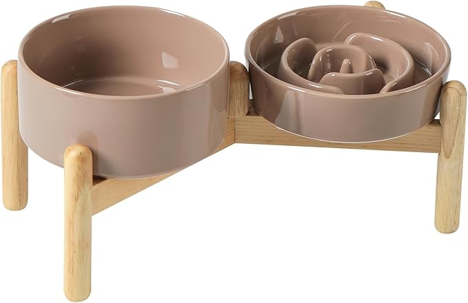 Havniva Ceramic 0.9 Cup Raised Slow Feeder Dog Bowl Set, Elevated 6.1inch Water Bowl and 6.1inch Slow Dish with Wooden Stand for Small Dogs(2 x Brown Coffee+ Stand)