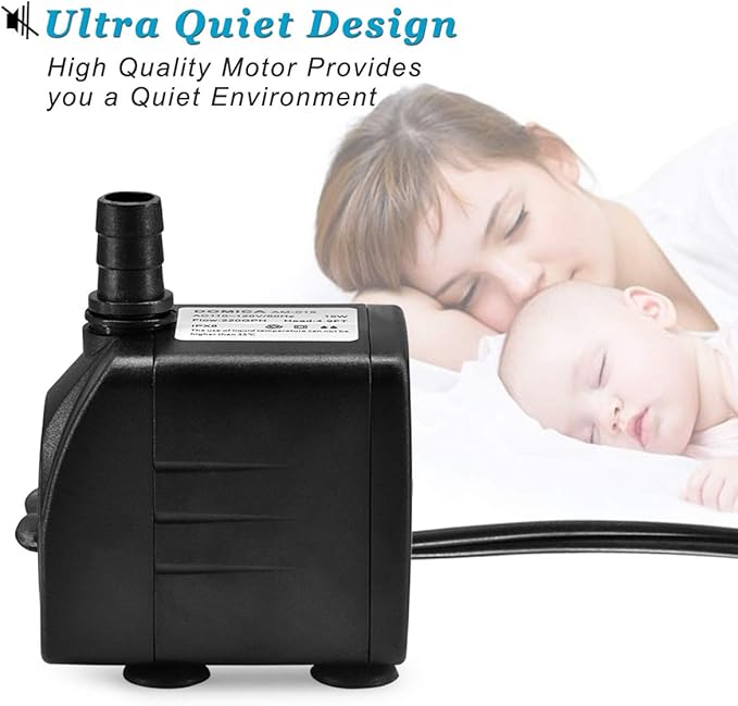 DOMICA 220GPH Ultra Quiet Fountain Pump (15W 800L/H), Small Submersible Pump for Pond, Water Feature, Aquariums, Fish Tanks, Hydroponics, Indoor or Outdoor Fountain (AC Powered)