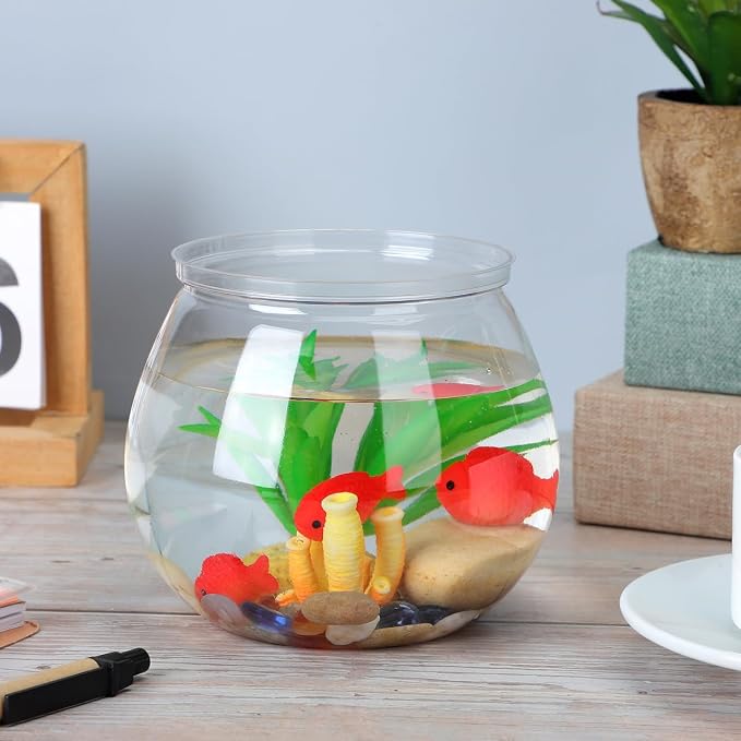 Angoily Transparent Plastic Fish Bowl 5.11 Inch Small Round Aquarium Tank for Desktop Home Office Decoration and Goldfish