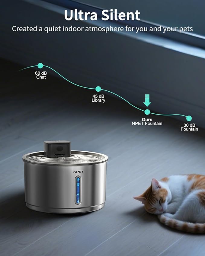 NPET Wireless Cat Fountain Stainless Steel, 1 Gallon/135oz Battery Operated Automatic Pet Drinking Fountain - Cordless Dog Water Dispenser with 8 Replacement Filters for Cats and Dogs Indoor