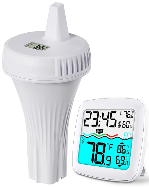 Pool Thermometer Floating Easy Read, IPX8 Waterproof Wireless Digital Thermometer with Indoor Thermometers for Swimming Pool, Spa, Aquarium, Cold Plunge, Hot Tub, Pond
