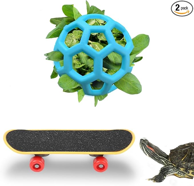 Tortoise Mini Skateboard and Orange Treat Ball set Tortoise Toy Feeding Balls Vegetable Grass for Small Animals Pets Encourages Foraging Behaviors,Mini Skateboard Keeps Pets Entertained (Blue)