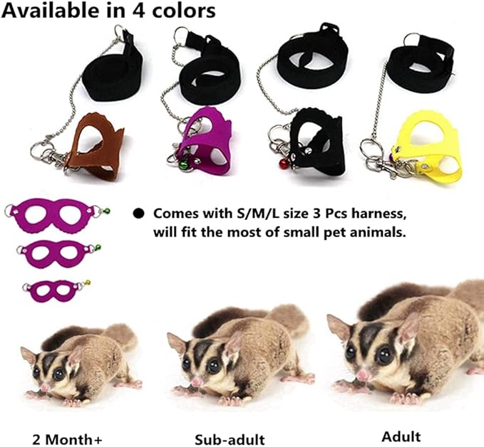 3 Pack Sugar Glider Harness and Leash Set - Adjustable Traction Rope Strap Anti-Biting Chain Rope, Small Animal Training Walking Vest Leash for Sugar Glider Squirrel Hamster Rat Birds Reptile (Purple)