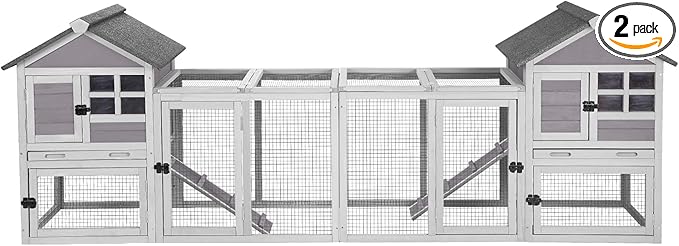 Aivituvin 103.2" L Rabbit Hutch Indoor Outdoor Bunny Cage with Run,Guinea Pig House Pull Out Upper Tray (103.2" L x 25.2" W x 36.2" H, Grey-2 Sets)