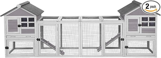 Aivituvin 103.2" L Rabbit Hutch Indoor Outdoor Bunny Cage with Run,Guinea Pig House Pull Out Upper Tray (103.2" L x 25.2" W x 36.2" H, Grey-2 Sets)