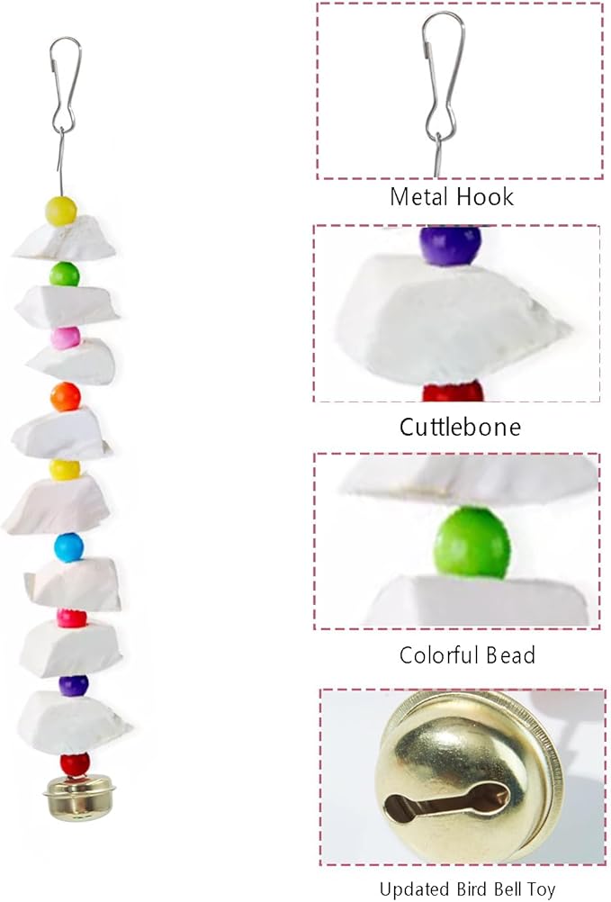 2 Pack Bird Toys with Cuttlebone, Parakeet Toys, Bird Beak Grinding Stone, Cage Accessories for for Parakeet Conure Lovebird Cockatiel Finch Canary Hamster Chinchilla Rabbit (Small)