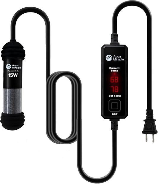 AquaMiracle Upgraded 15W Small Aquarium Heater Fish Tank Heater Turtle Heater Super Mini Aquarium Heater, Dry-Run/Overheating Protection and Memory Function, Dual LED Display, for 1-3 Gal Tanks