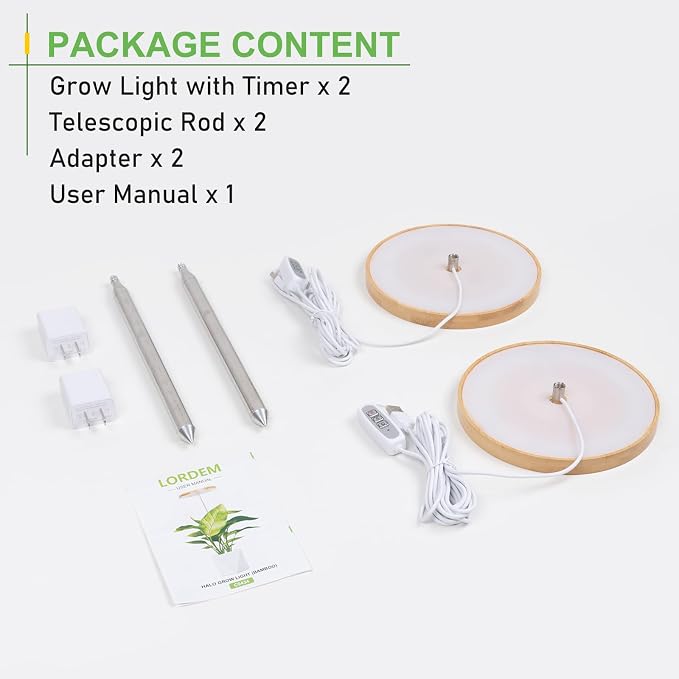 LORDEM Bamboo Grow Light for Indoor Plants, 2 Pack | Full Spectrum LED, Height Adjustable, Auto Timer 4H/8H/12H, 4 Dimmable Levels, Ideal for Large Tall Plants