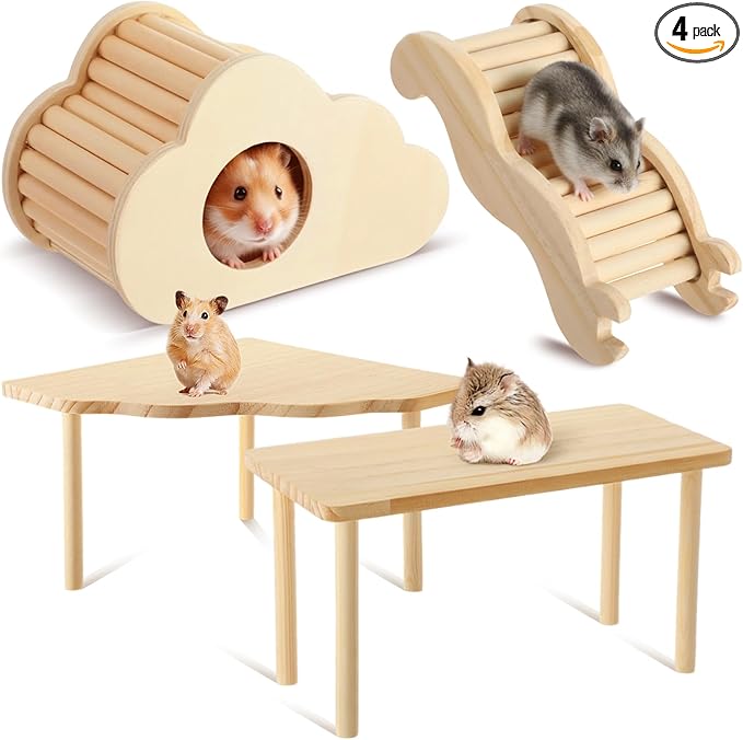 BreezeHug 4 Pcs Hamster Platform Hideout Wooden Tunnel Ladder Playhouse Hamster Game Climbing Toy with Platform Cage Accessories for Pets Dwarf Syrian Mice Degus Gerbils Squirrel(Cloud)