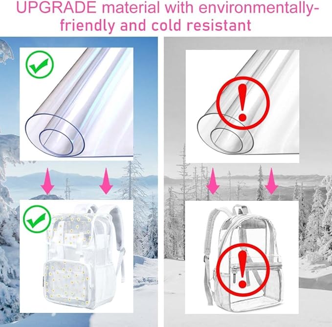 17" Daisy Clear Backpack for Girls - Flip Design Stadium Approved 3Pcs Set, Heavy Duty PVC Bookbag for Concert/School (White)